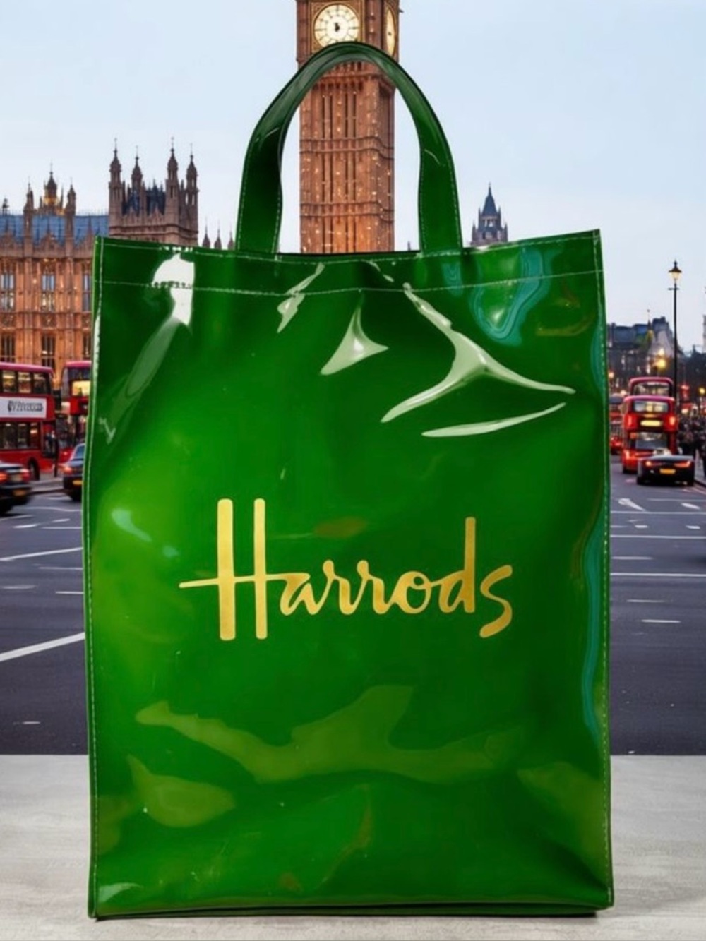 Harrods London PVC Green & Gold Tote Bag Fully Lined 14x12x4 Excellent